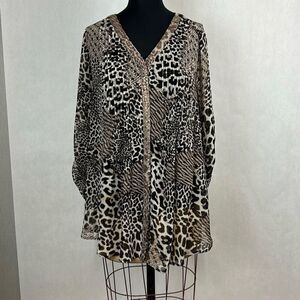 Valerie Stevens Womens Animal Print Tunic Shirt Top Blouse Sz 1X Roll Tab Sleeve